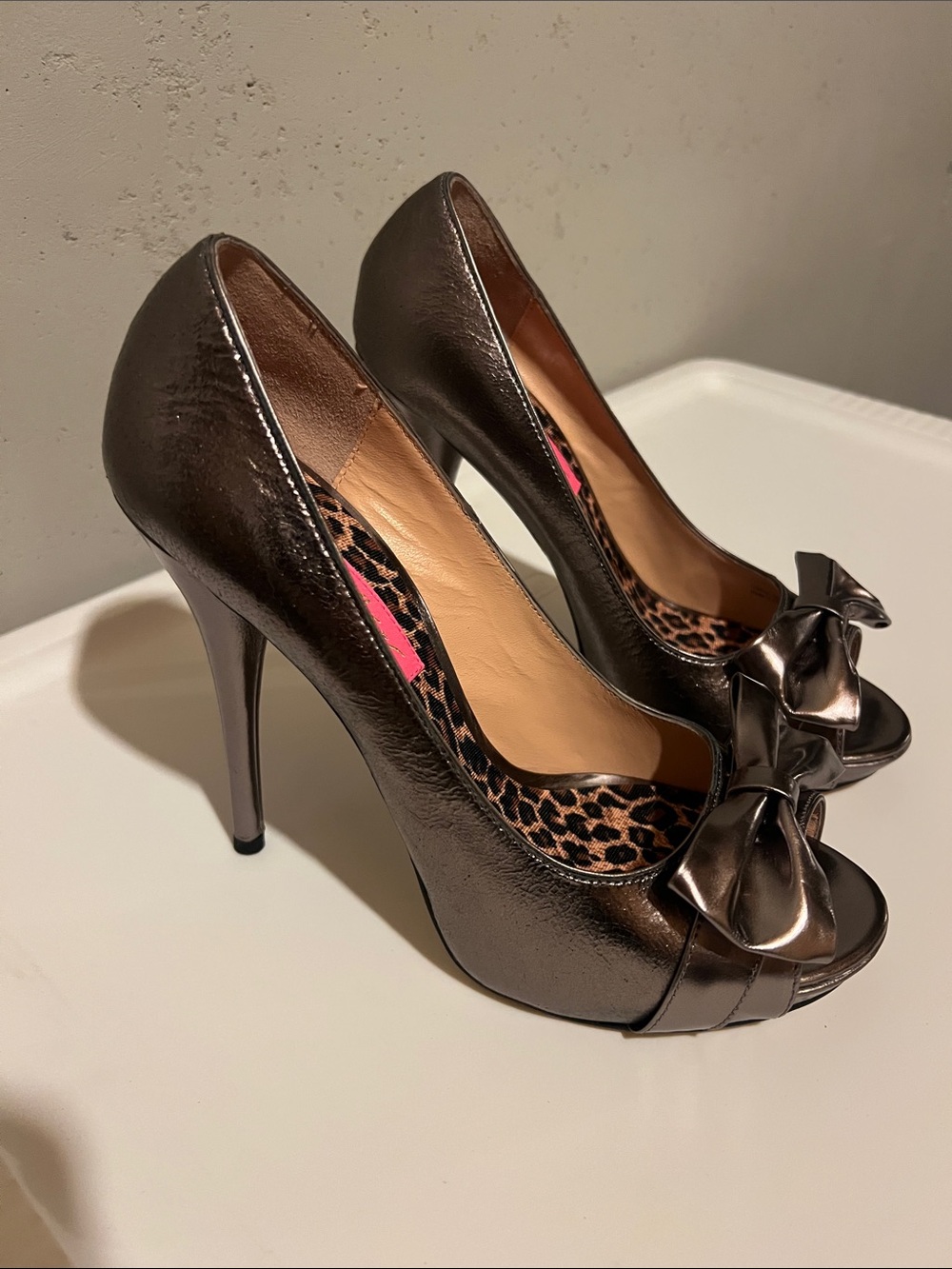 Betsey Johnson Metallic Bronze Open-Toe Bow Stiletto Heels